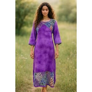 Vintage Shop Therapy Lagenlook Boho Floral Paisley Jeweled Kaftan Slit Dress S/M